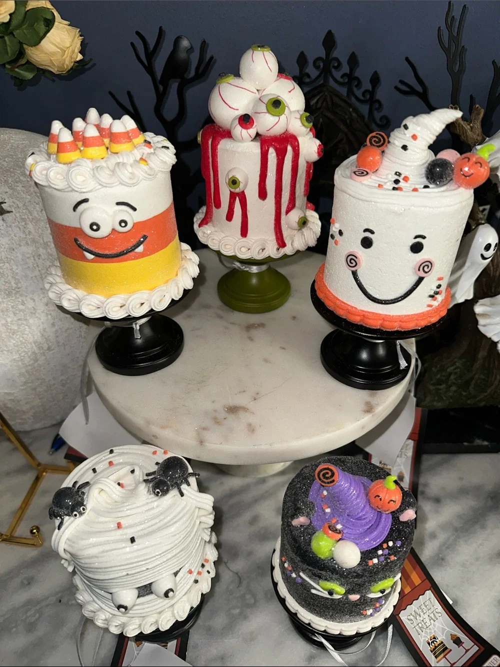 Halloween Mini Cake Topper Set in Black, White, Orange, Purple & Green